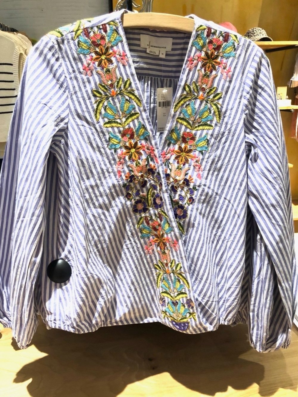 Anthropologie Blue & White Striped Embroidered V-Neck Blouse
